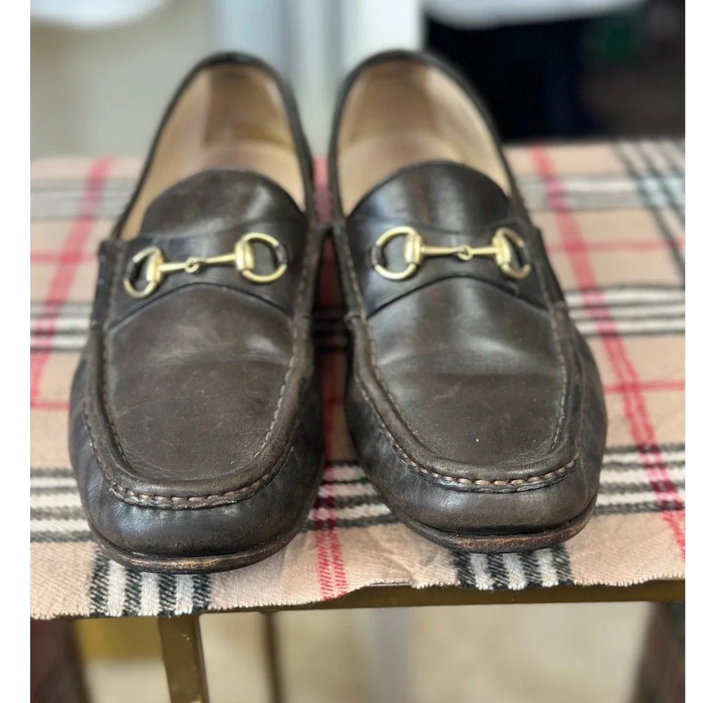 Gucci Horsebit 1953‎ Loafers Size 9B Dark Brown Leather Gold Hardware VTGE Italy
